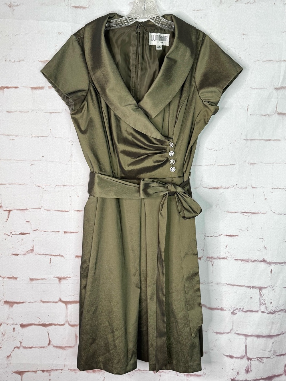 JULIAN TAYLOR Taffeta Vintage Olive Green Rhinestone Button Sz 14 Cocktail Dress - Picture 6 of 15